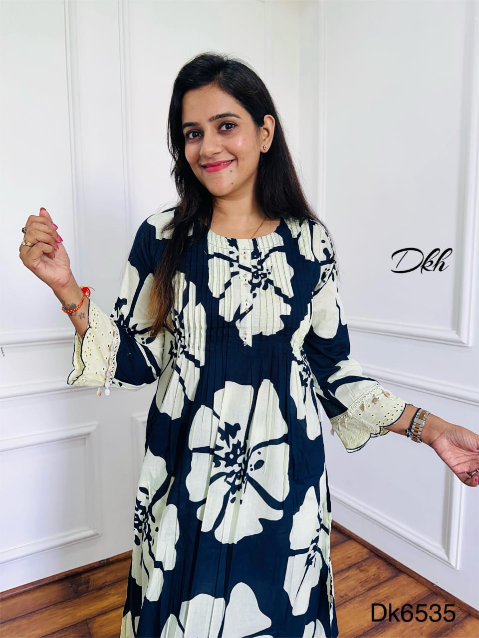 Cotton Printed 2-Piece Set with Pintex Detailing & Crochet Schiffli Lace