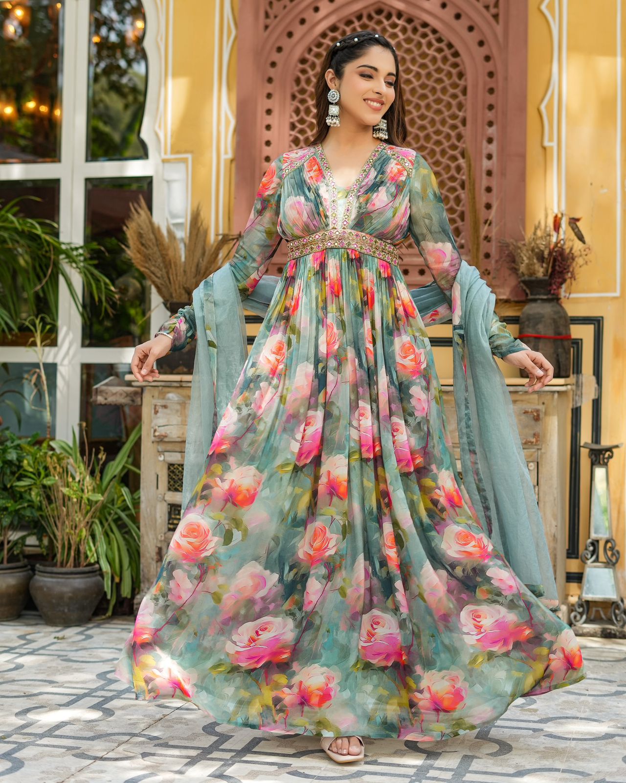 Premium viscose natural crepe printed gown K1159