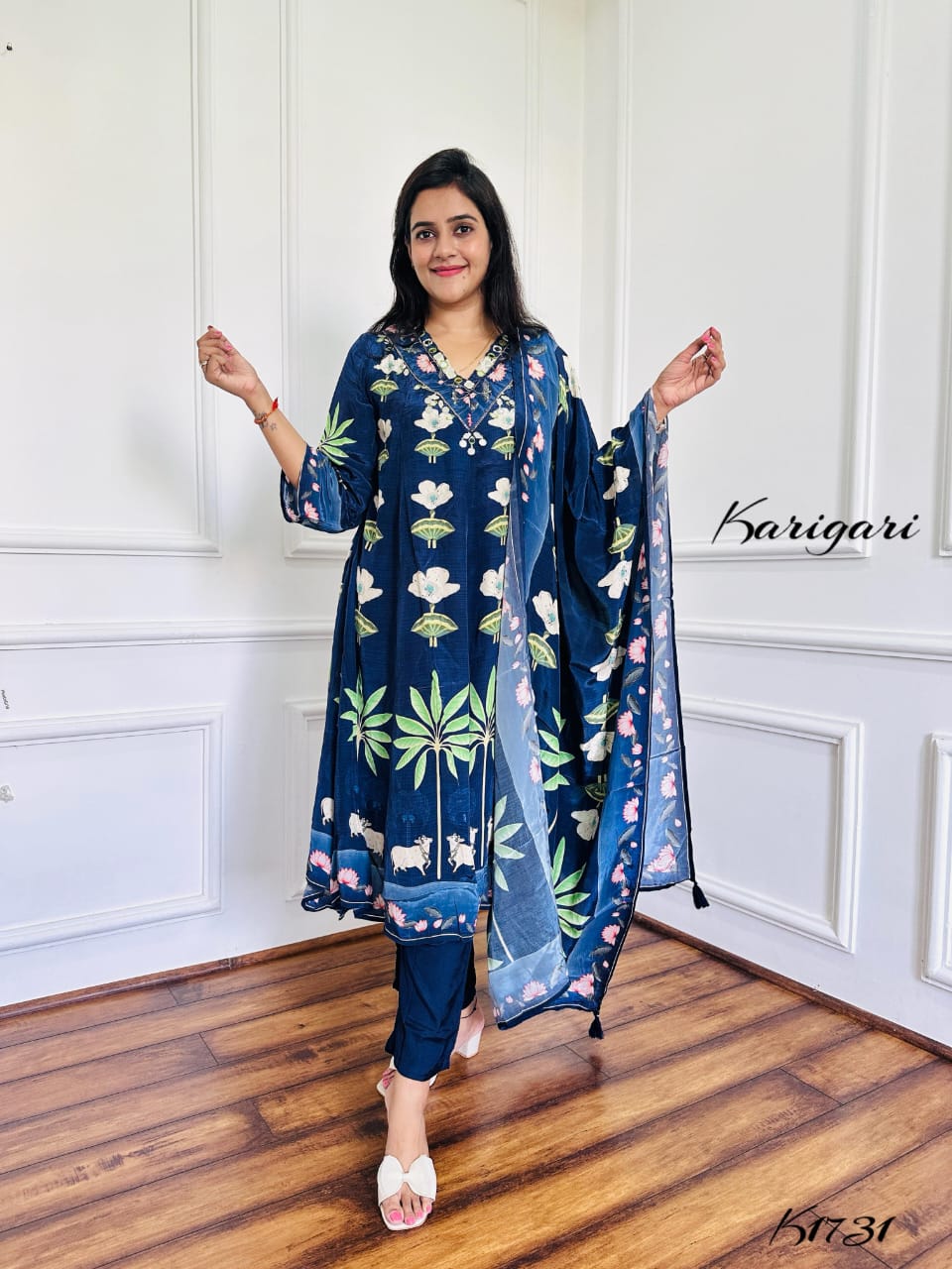 Pure Crepe Printed Suit Set with Zari, Sequin & Mirror Work – Navy Blue
