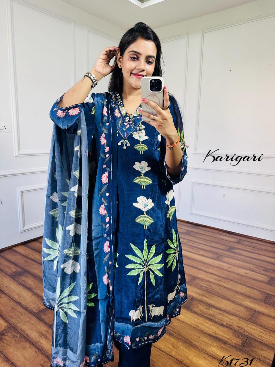 Pure Crepe Printed Suit Set with Zari, Sequin & Mirror Work – Navy Blue