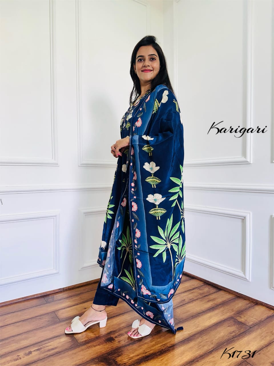 Pure Crepe Printed Suit Set with Zari, Sequin & Mirror Work – Navy Blue
