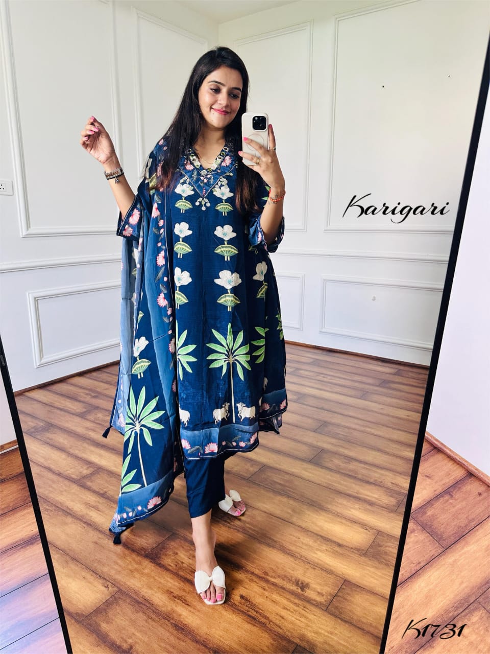 Pure Crepe Printed Suit Set with Zari, Sequin & Mirror Work – Navy Blue