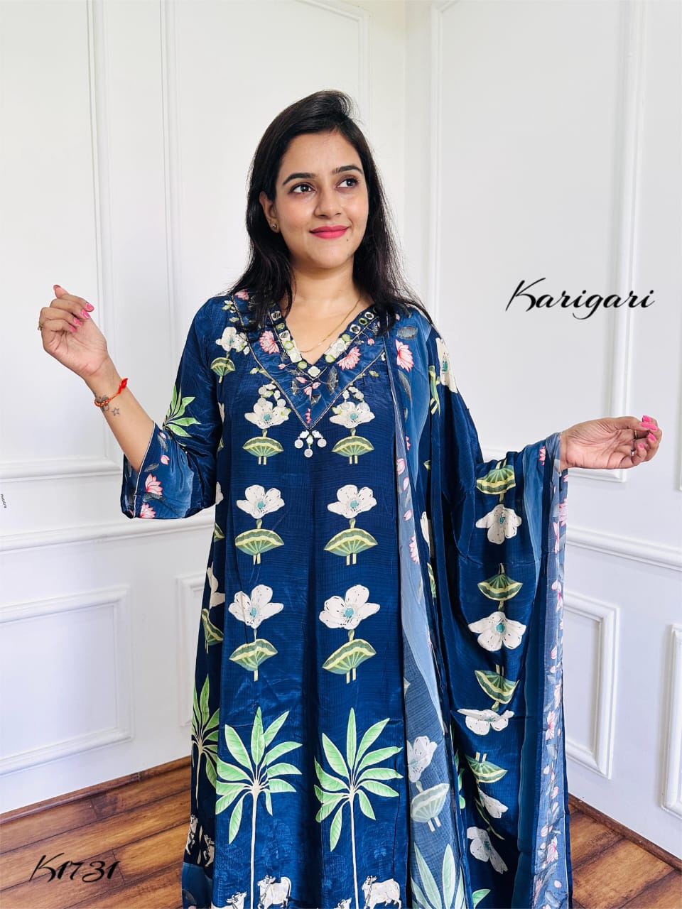 Pure Crepe Printed Suit Set with Zari, Sequin & Mirror Work – Navy Blue
