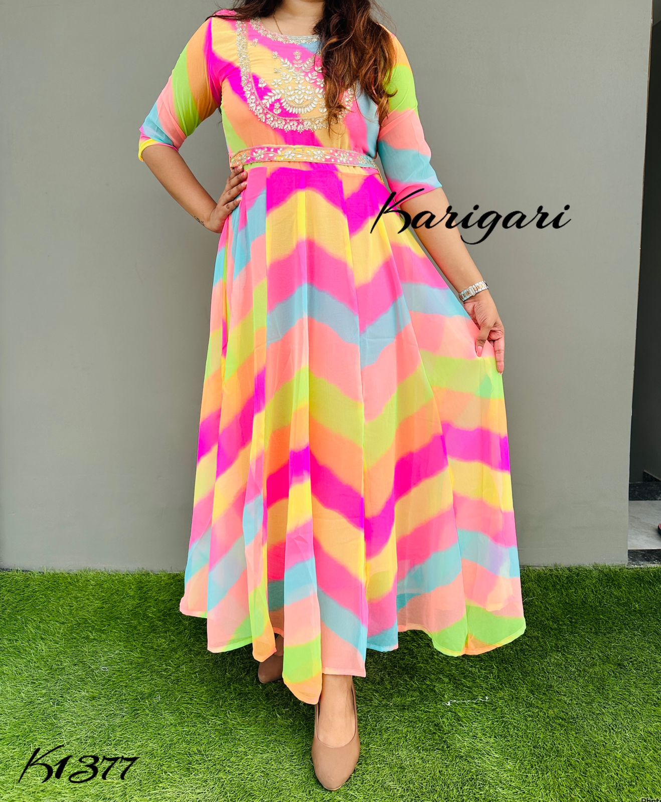 k1377 Premium georgette gown in beautiful vibrant lehriya