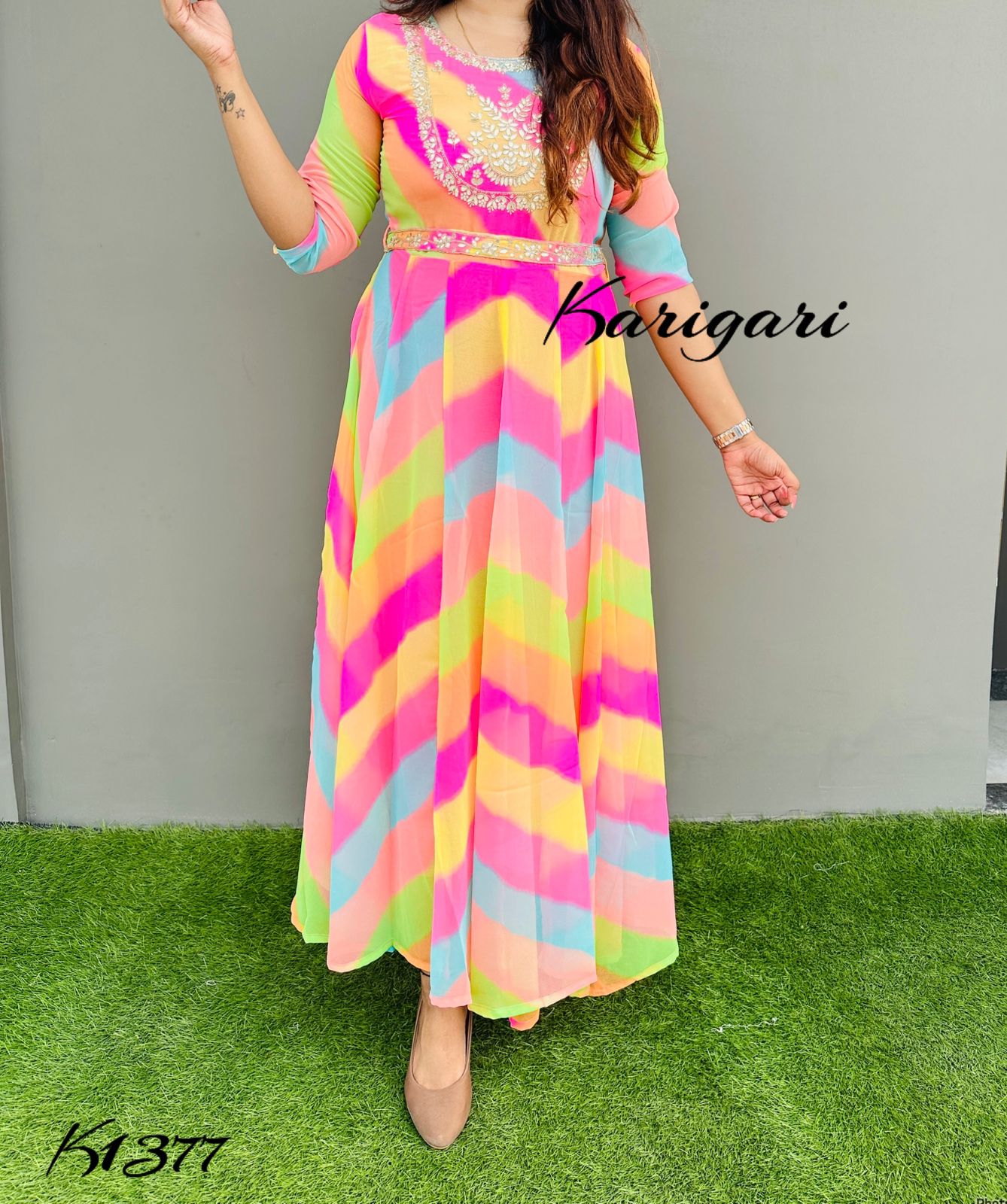 k1377 Premium georgette gown in beautiful vibrant lehriya