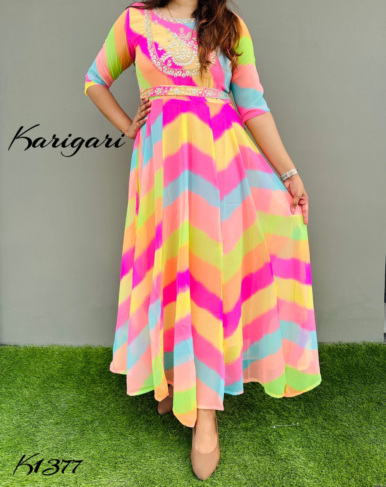 k1377 Premium georgette gown in beautiful vibrant lehriya