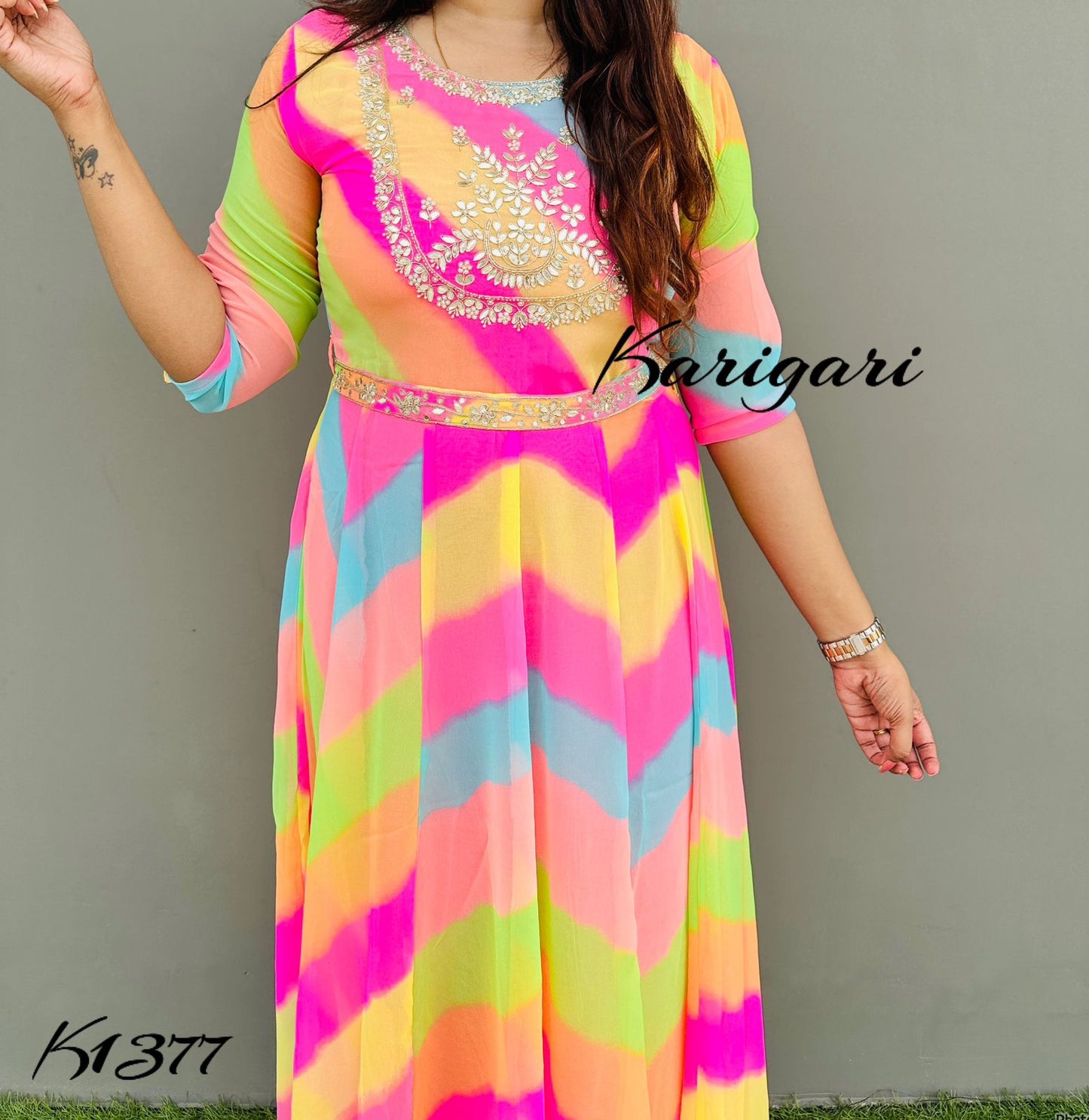 k1377 Premium georgette gown in beautiful vibrant lehriya