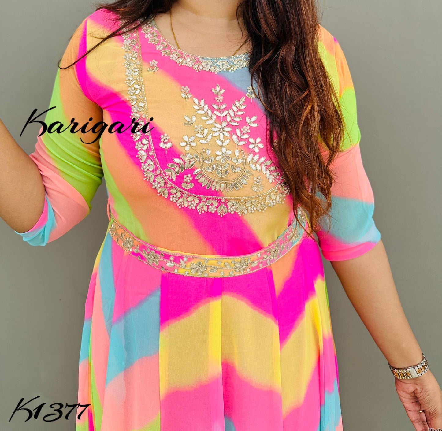 k1377 Premium georgette gown in beautiful vibrant lehriya