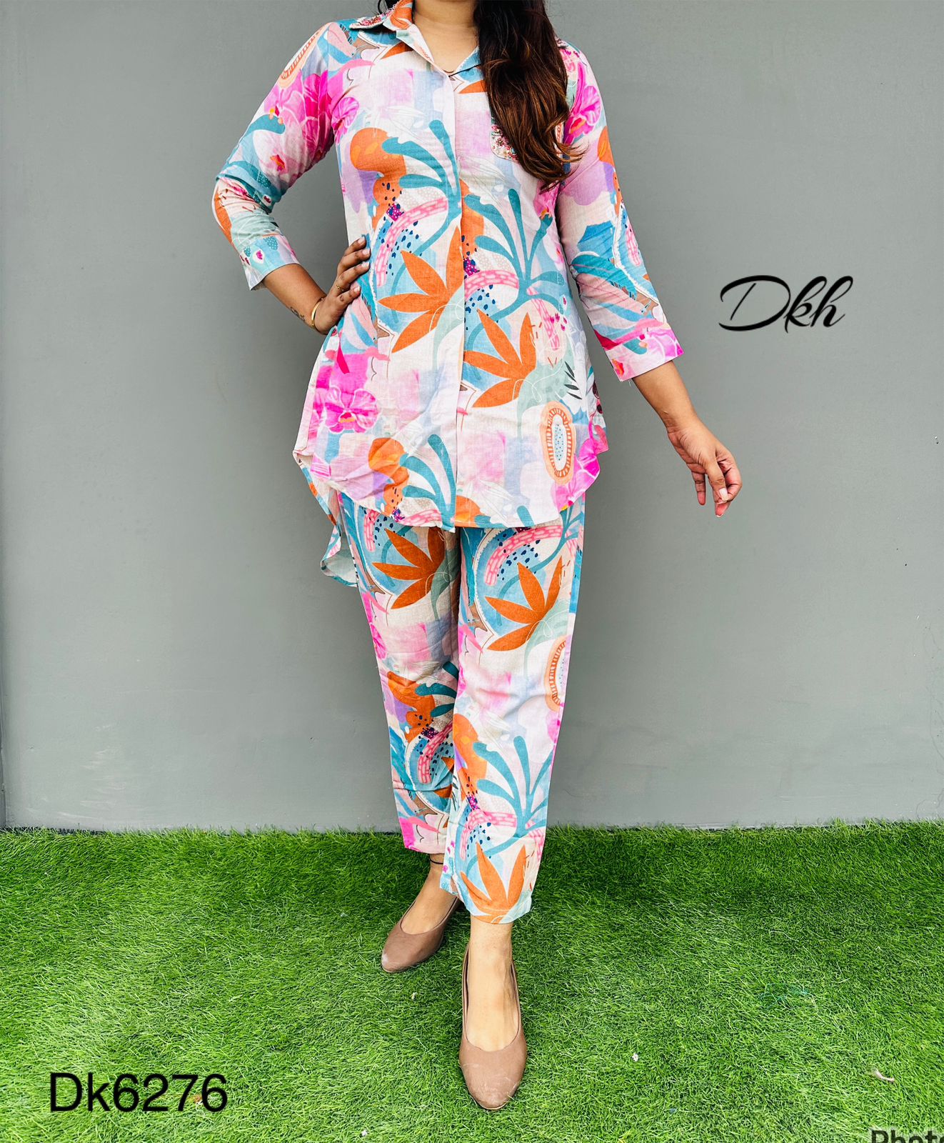 DK6276 Premium segment khadi cotton printed coord set with hi low style top having collar paired up with pants…