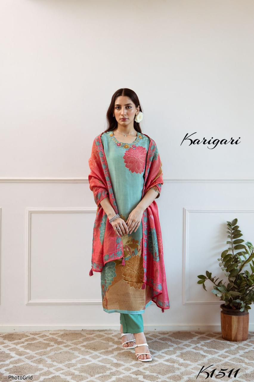 Karigari by DKH k1511 Premium shimmer tissue 3 pc suit set