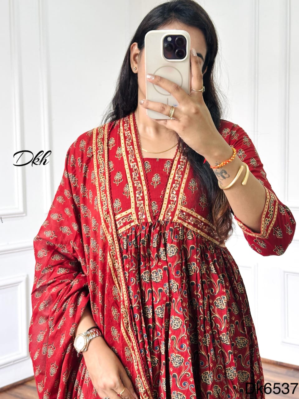 Kalamkari Special Rust Cotton 3-Piece Anarkali Suit with Bead & Sequin Detailing