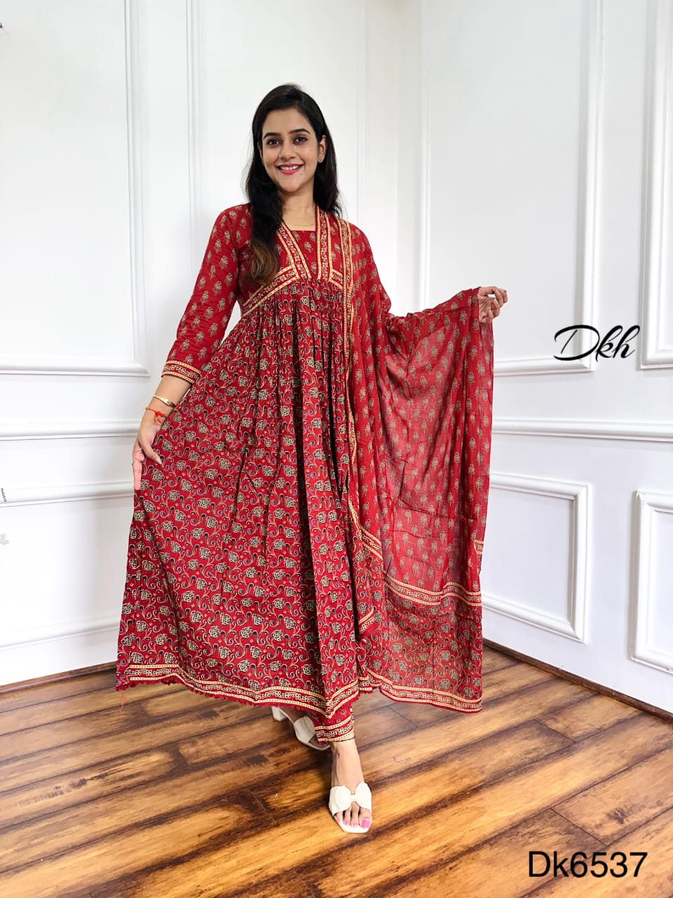 Kalamkari Special Rust Cotton 3-Piece Anarkali Suit with Bead & Sequin Detailing