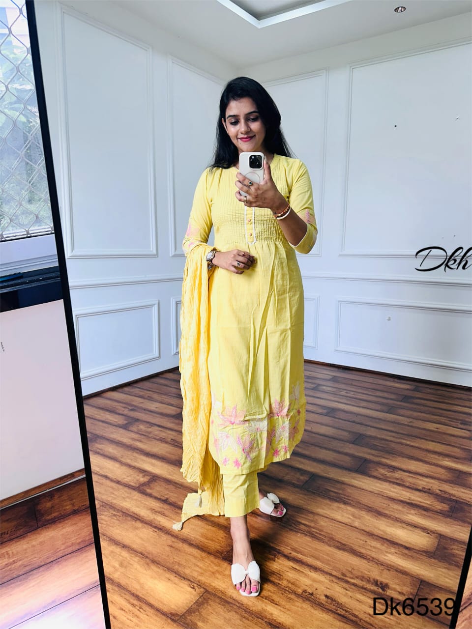 Elegant Yellow Cotton 3-Piece Suit Set with Embroidery & Crush Dupatta