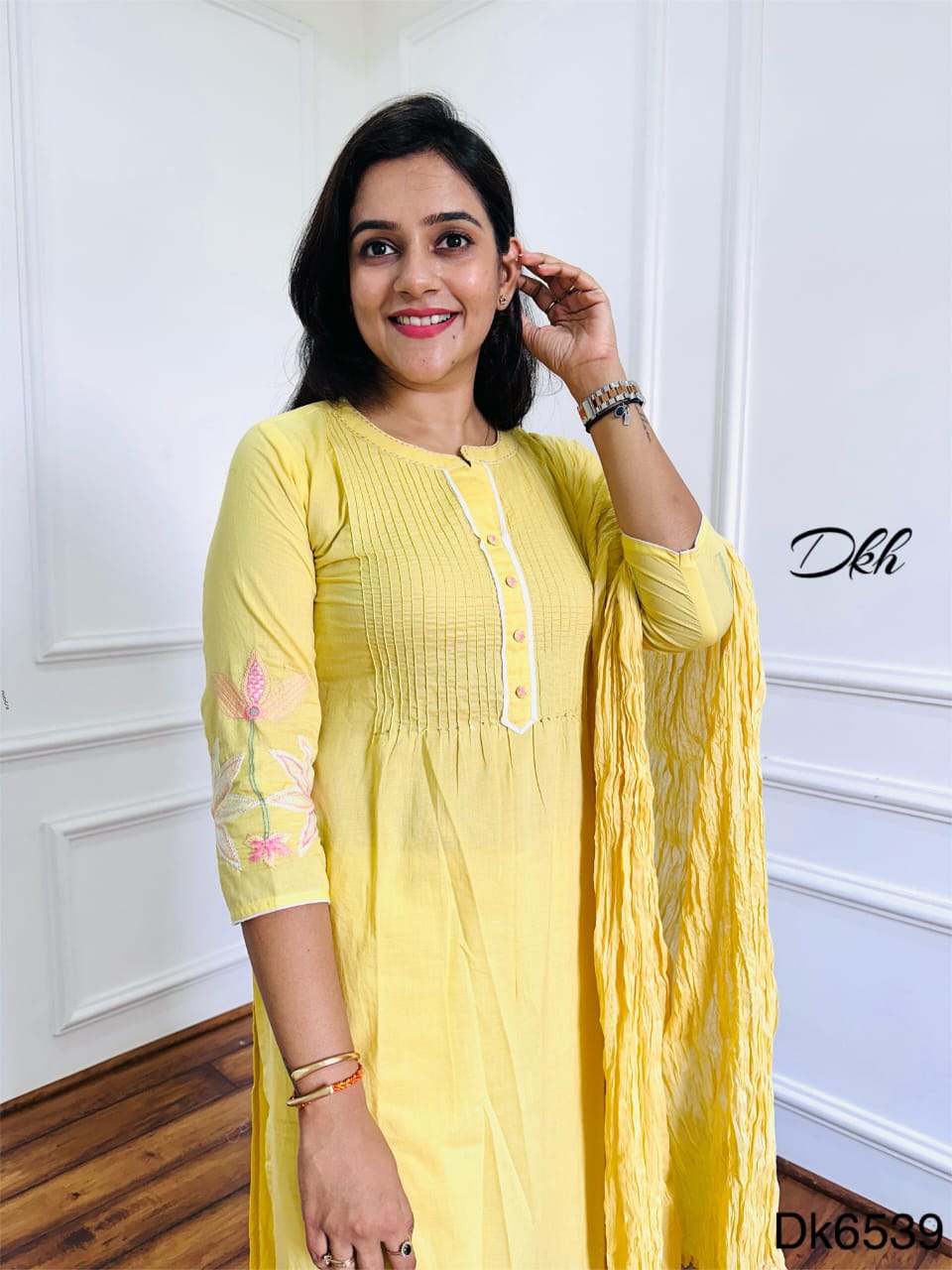 Elegant Yellow Cotton 3-Piece Suit Set with Embroidery & Crush Dupatta
