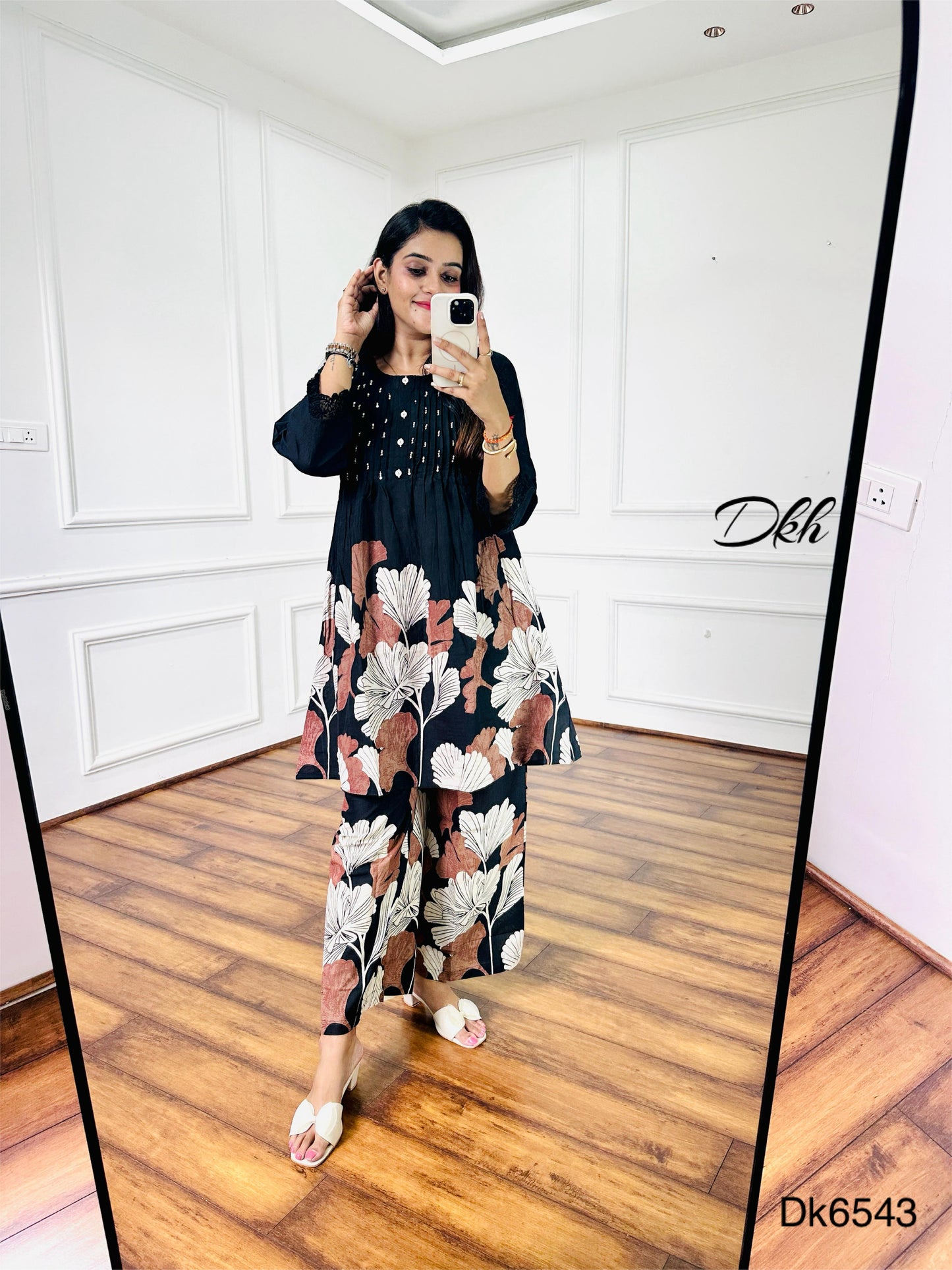 Black Cotton Kurti & Palazzo 2-Piece Set with Floral Print and Crochet Lace
