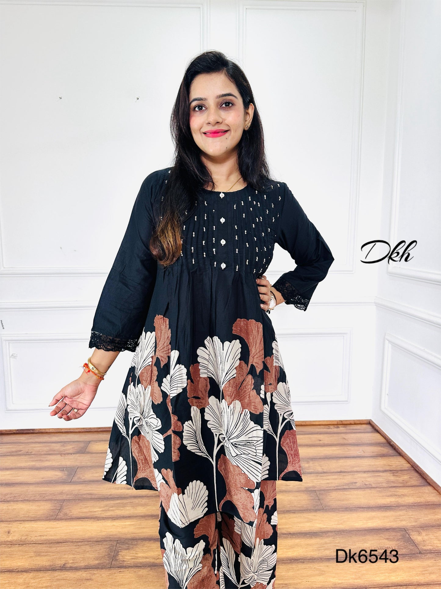 Black Cotton Kurti & Palazzo 2-Piece Set with Floral Print and Crochet Lace
