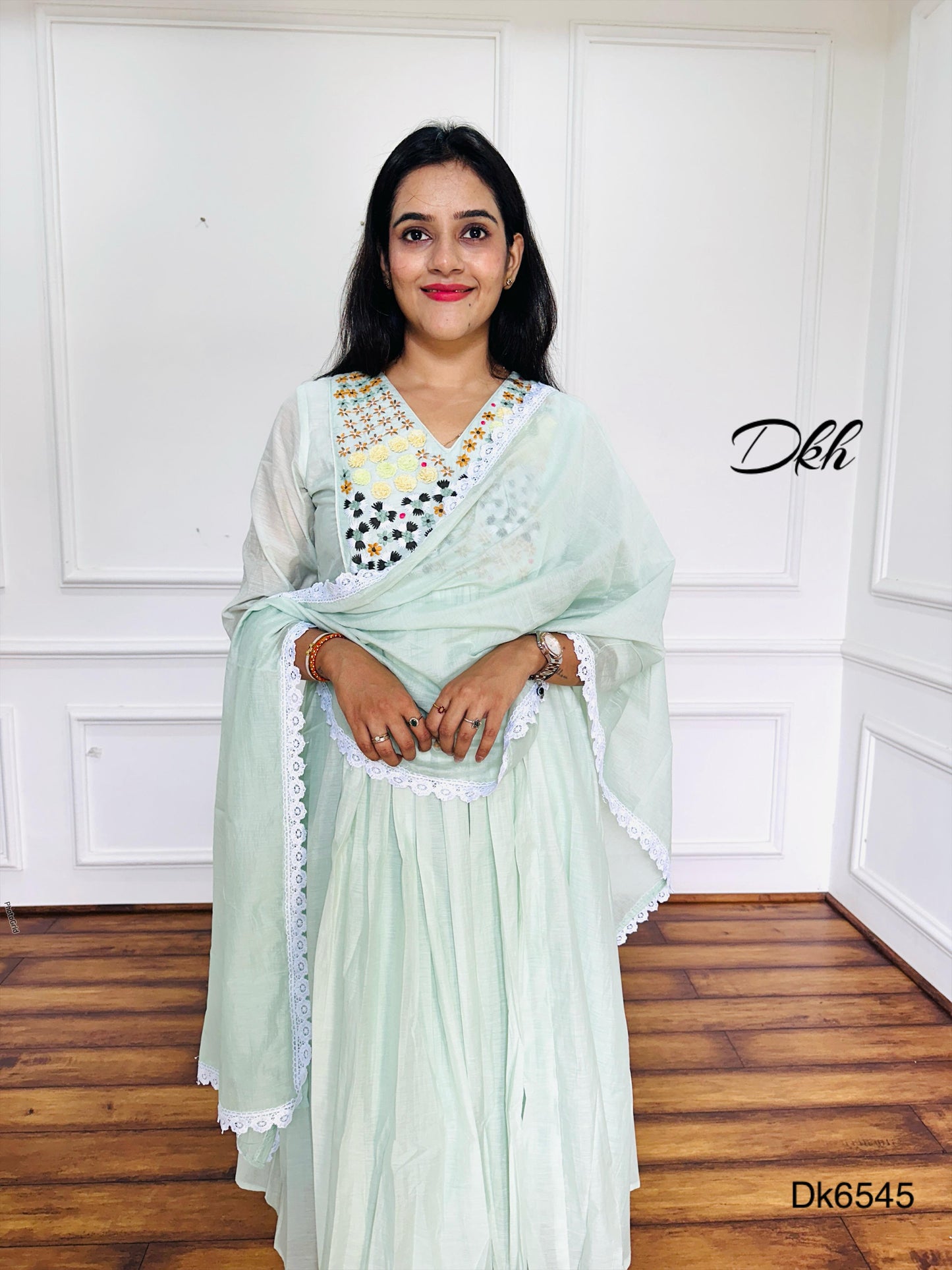 Elegant Mint Green Mul Chanderi 3-Piece Suit Set