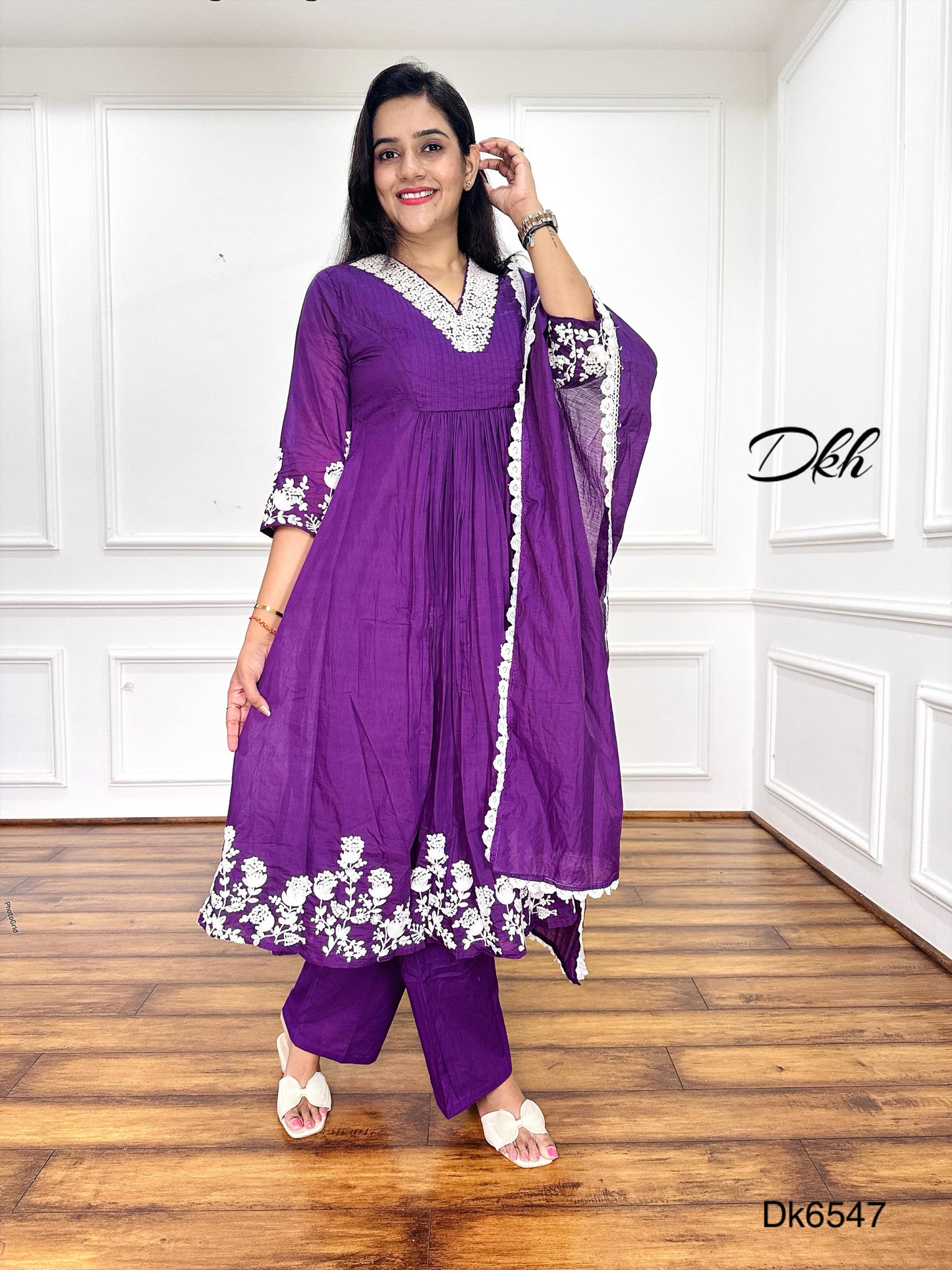 Bright Purple Mul Chanderi 3-Piece Suit Set with Embroidery