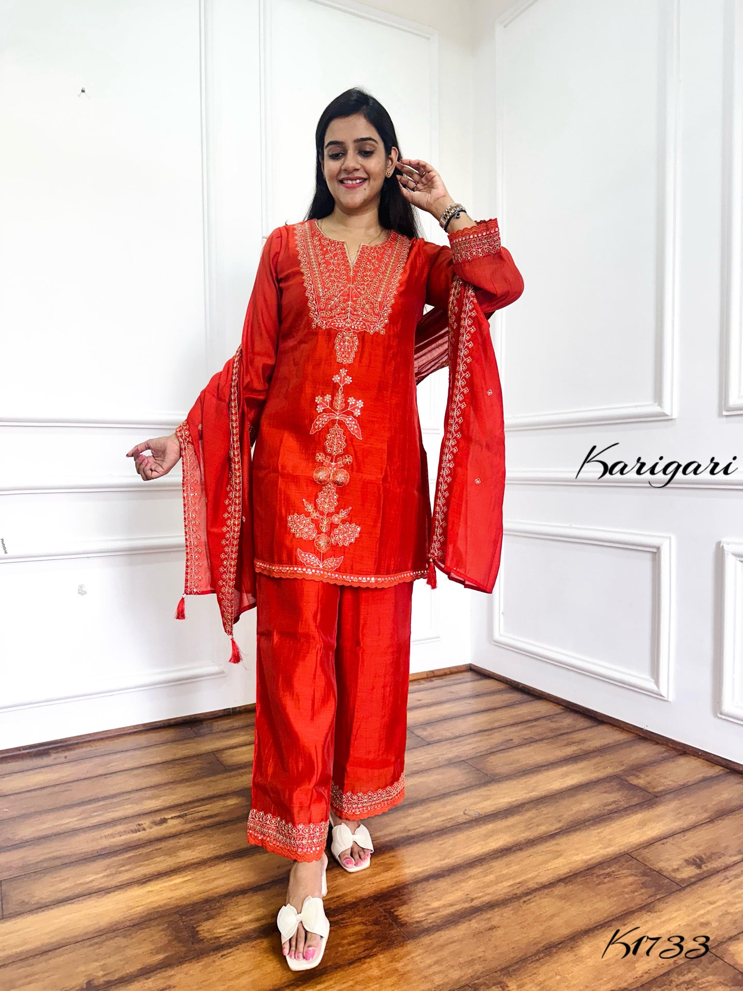 Trendy Rust Mul Chanderi 3-Piece Kurti Set