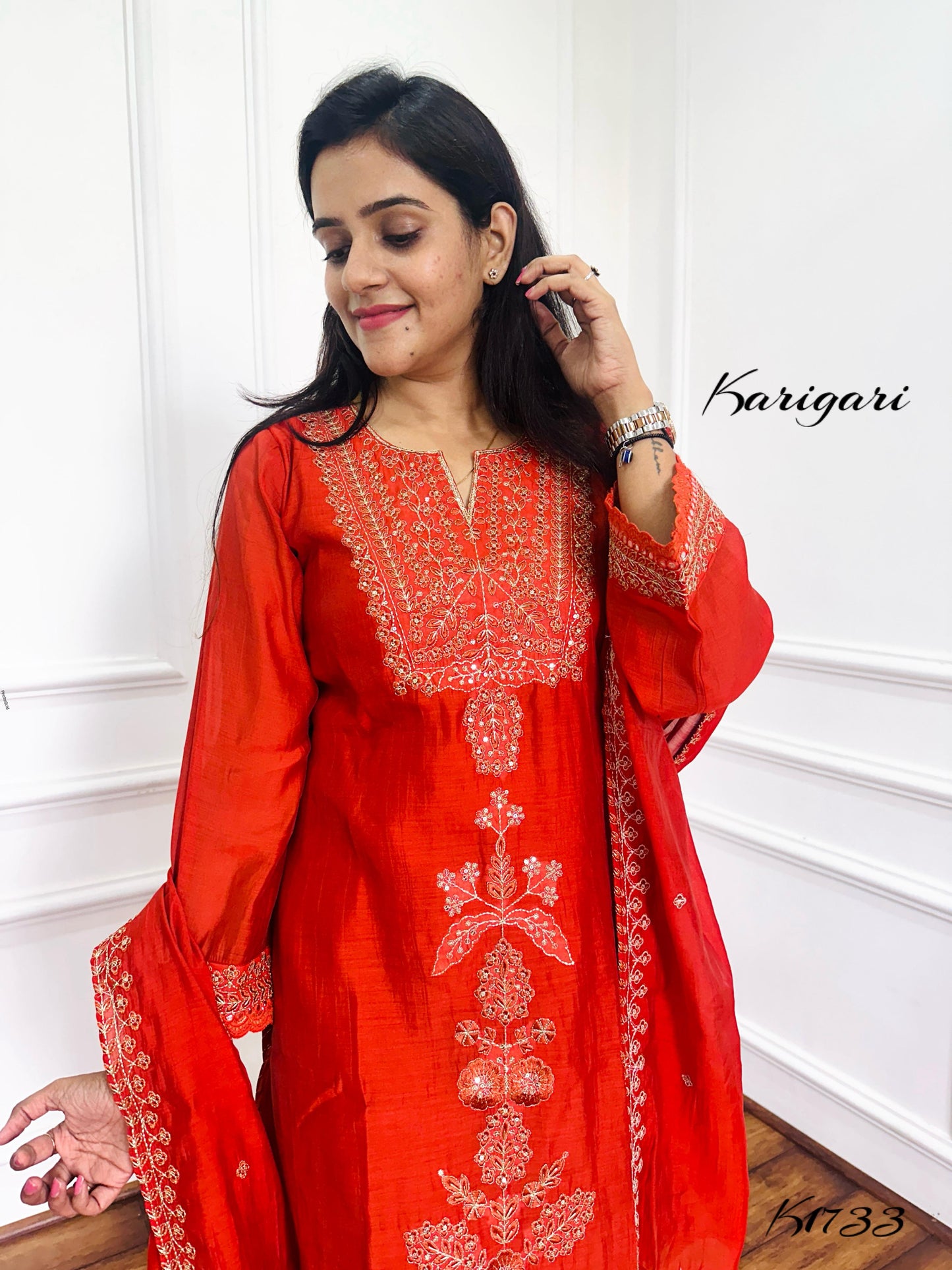 Trendy Rust Mul Chanderi 3-Piece Kurti Set