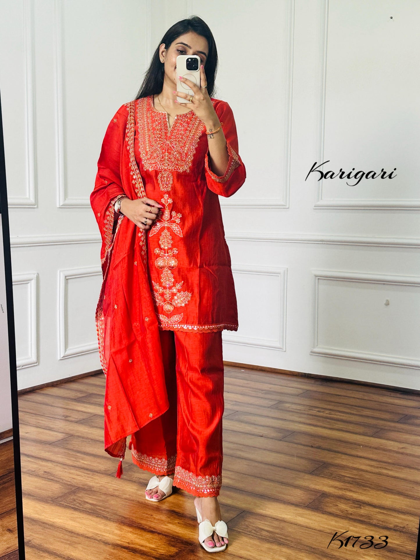 Trendy Rust Mul Chanderi 3-Piece Kurti Set