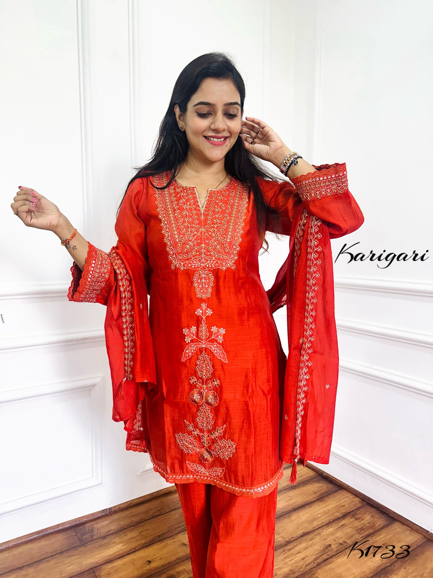 Trendy Rust Mul Chanderi 3-Piece Kurti Set