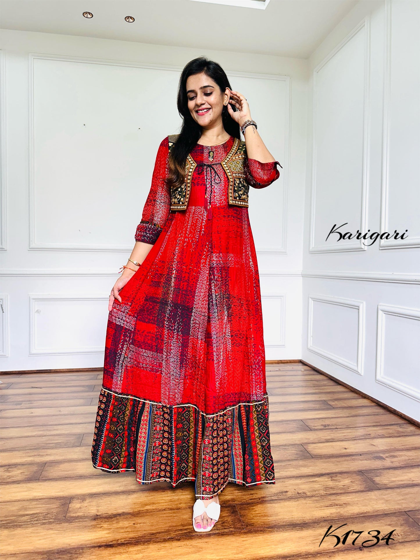 Elegant Rayon Printed Gown with Embroidered Mirror Work Jacket