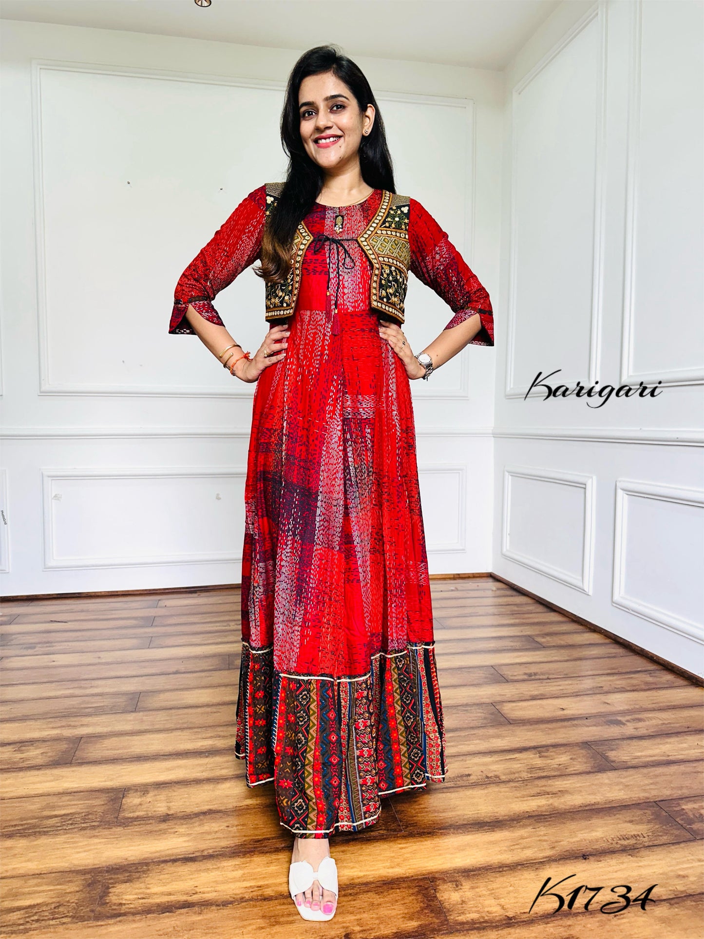 Elegant Rayon Printed Gown with Embroidered Mirror Work Jacket