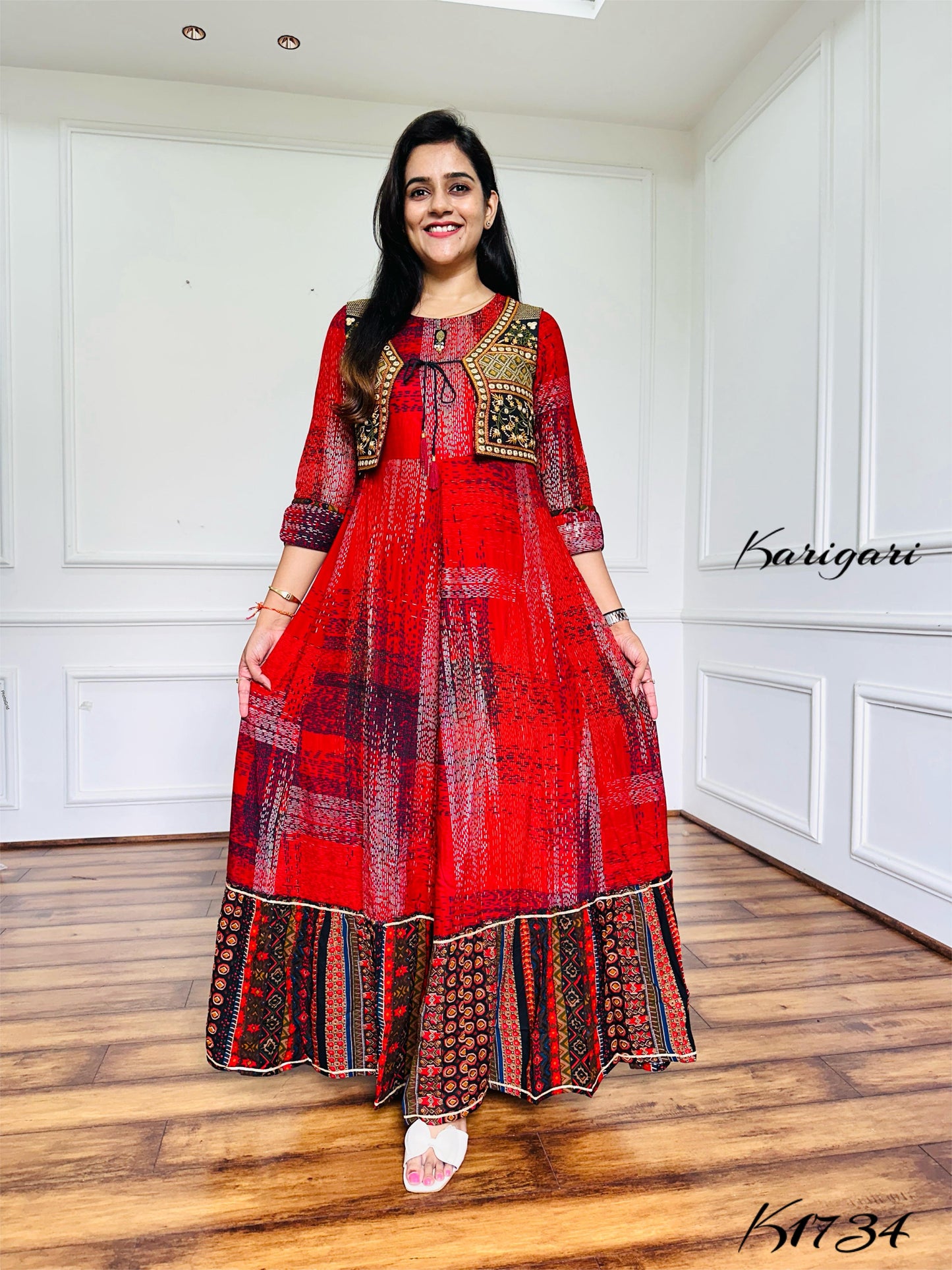 Elegant Rayon Printed Gown with Embroidered Mirror Work Jacket