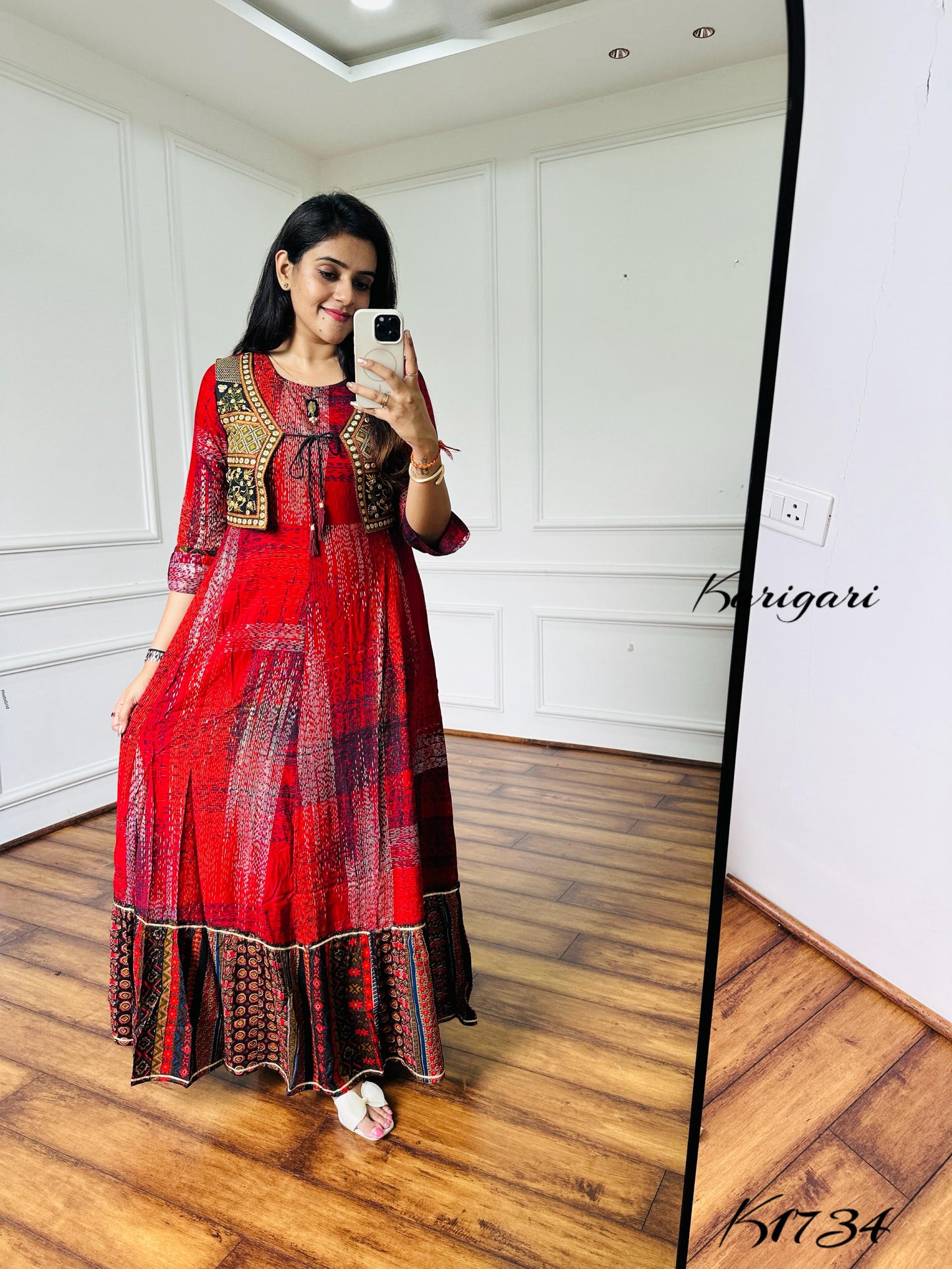 Elegant Rayon Printed Gown with Embroidered Mirror Work Jacket