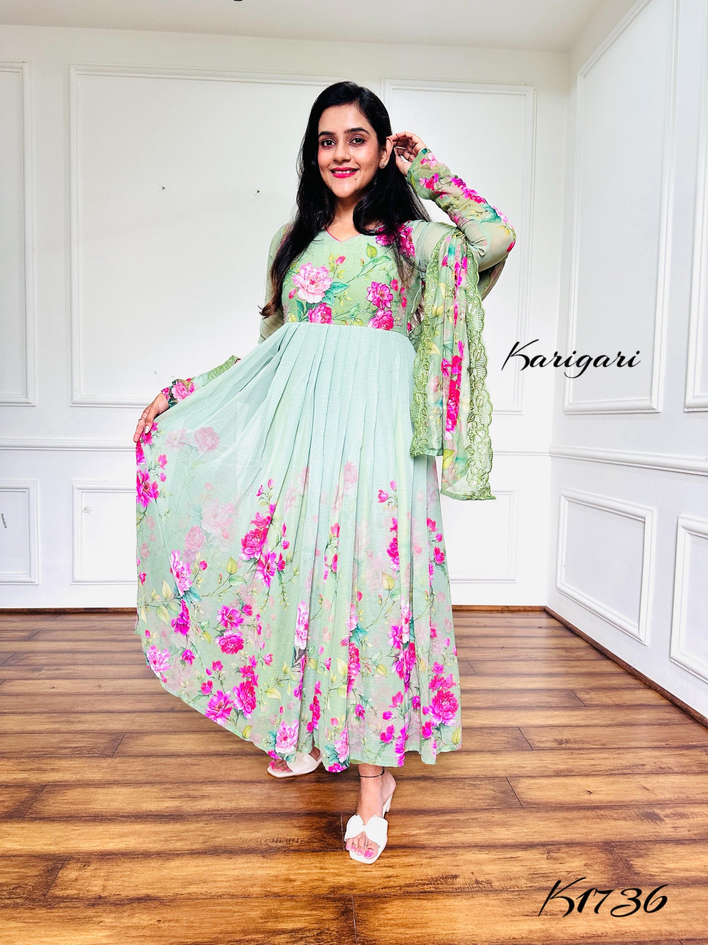 Elegant Mint Green Floral Chiffon Anarkali Suit Set – 3 Piece with Sequin & Bead Work
