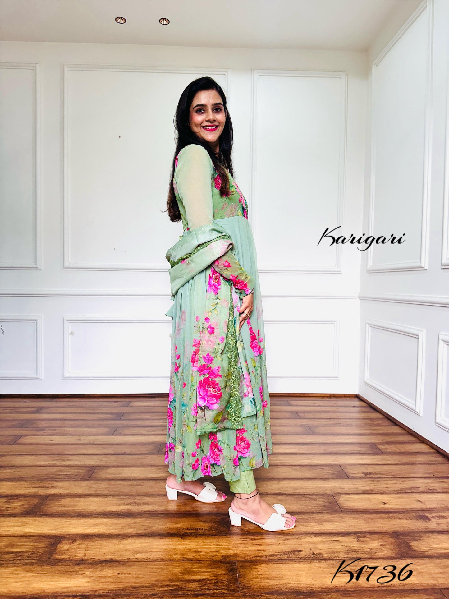 Elegant Mint Green Floral Chiffon Anarkali Suit Set – 3 Piece with Sequin & Bead Work
