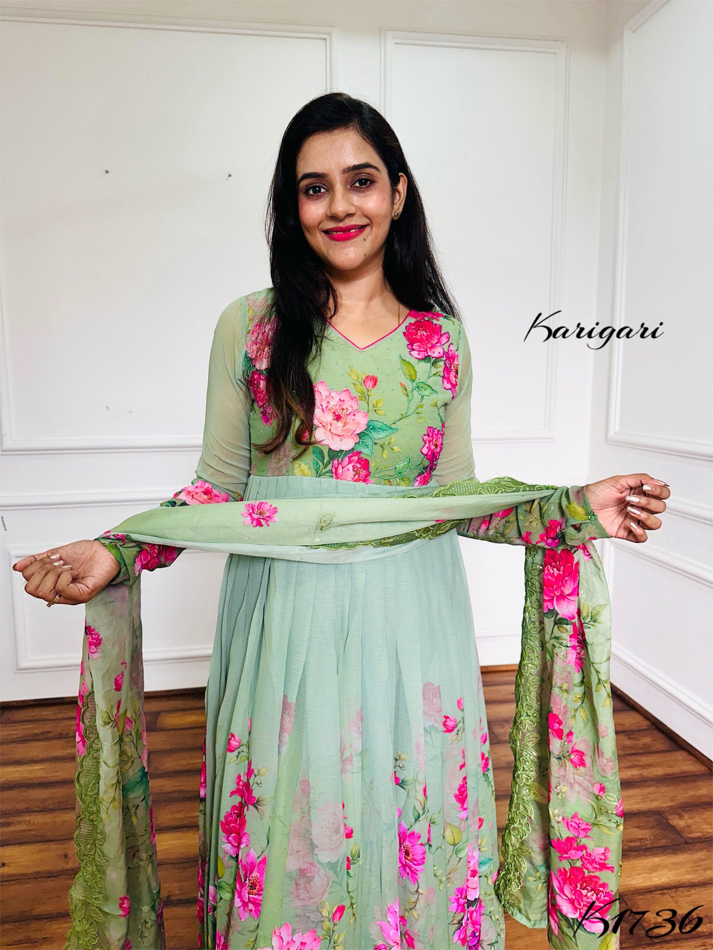 Elegant Mint Green Floral Chiffon Anarkali Suit Set – 3 Piece with Sequin & Bead Work