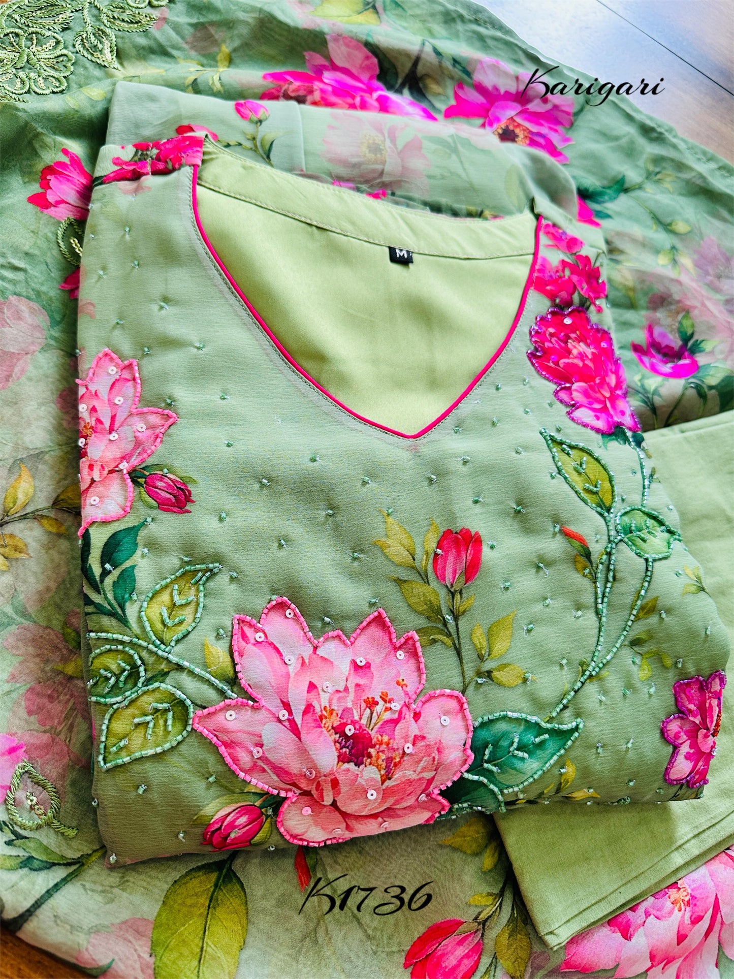 Elegant Mint Green Floral Chiffon Anarkali Suit Set – 3 Piece with Sequin & Bead Work