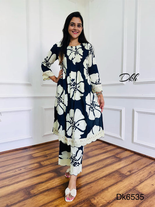 Cotton Printed 2-Piece Set with Pintex Detailing & Crochet Schiffli Lace