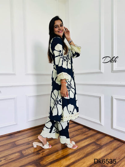 Cotton Printed 2-Piece Set with Pintex Detailing & Crochet Schiffli Lace