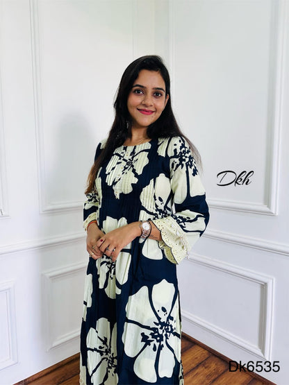 Cotton Printed 2-Piece Set with Pintex Detailing & Crochet Schiffli Lace
