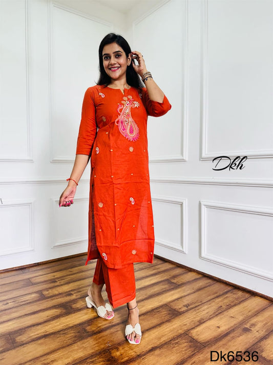 Rust Cotton Flex Embroidered Kurta Set – Two Piece