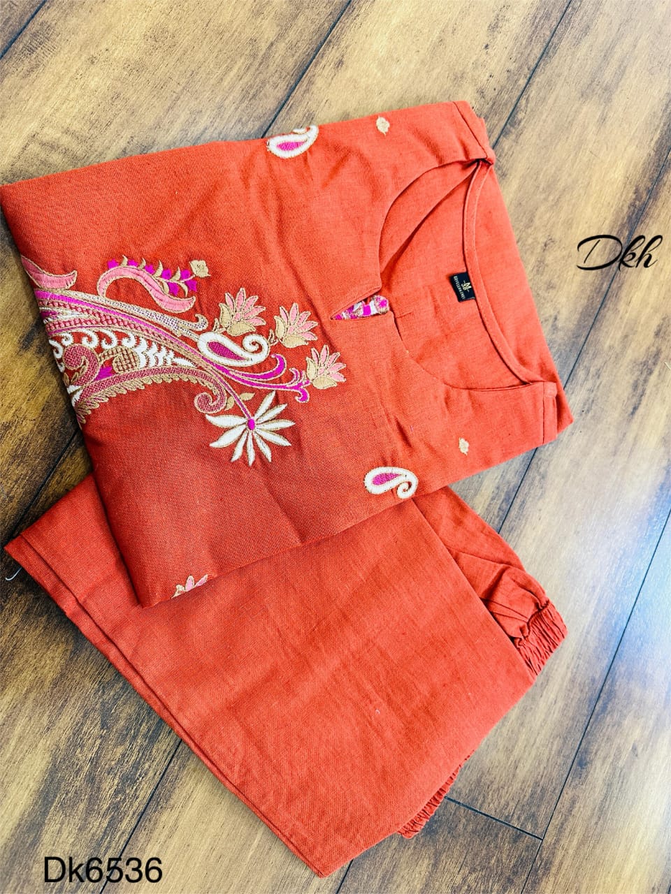 Rust Cotton Flex Embroidered Kurta Set – Two Piece