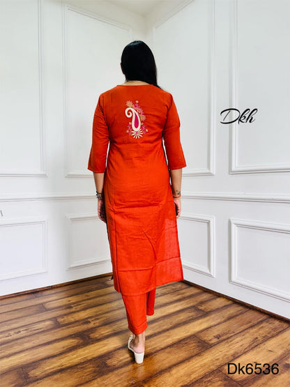 Rust Cotton Flex Embroidered Kurta Set – Two Piece
