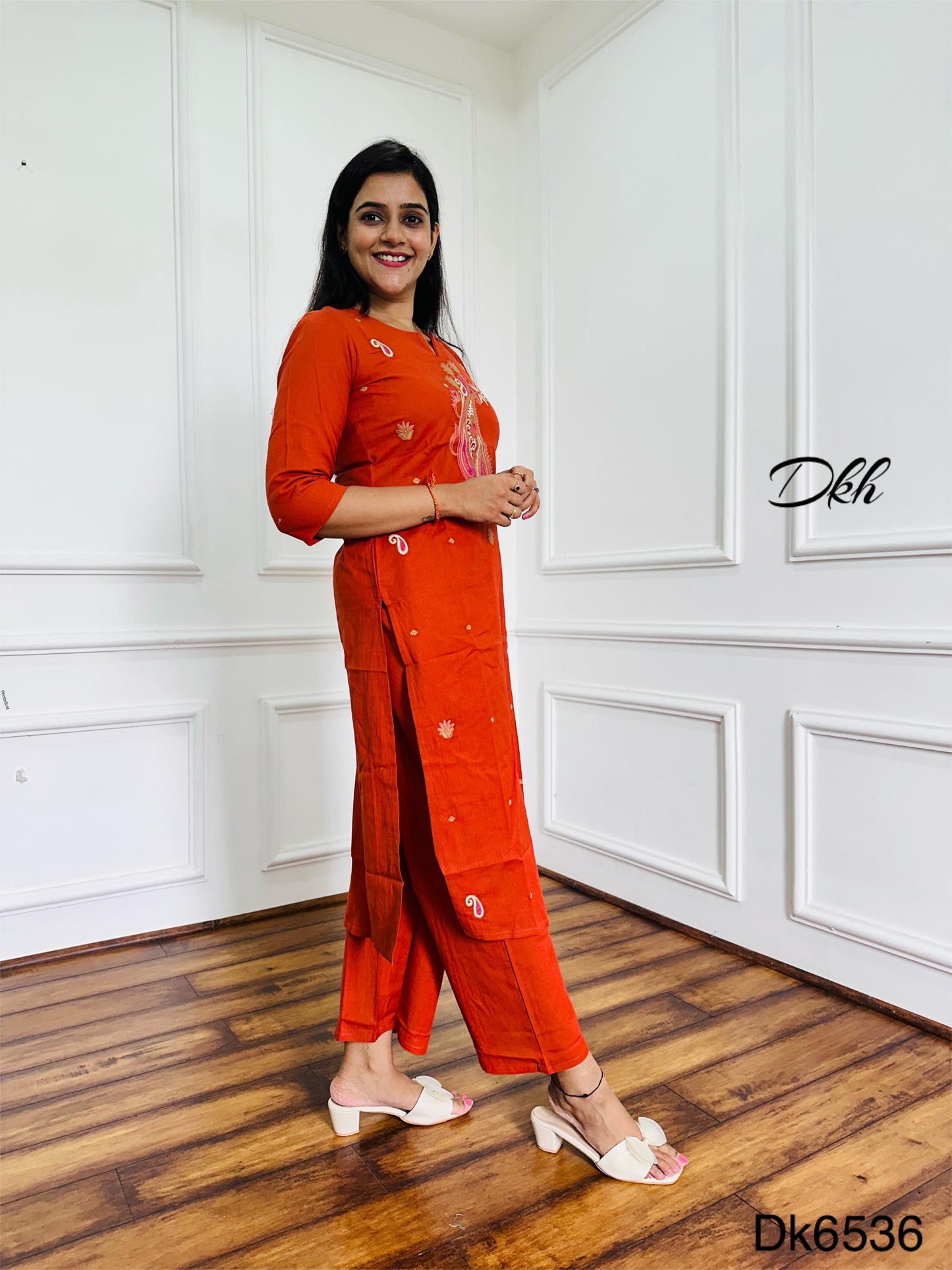 Rust Cotton Flex Embroidered Kurta Set – Two Piece