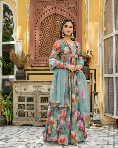 Premium viscose natural crepe printed gown K1159