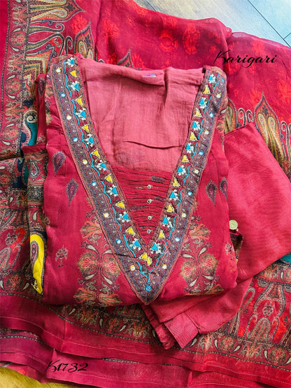 Elegant Soft Organza 3-Piece Suit with Sequin, Cheena & Coin Work Detailing – mahroon