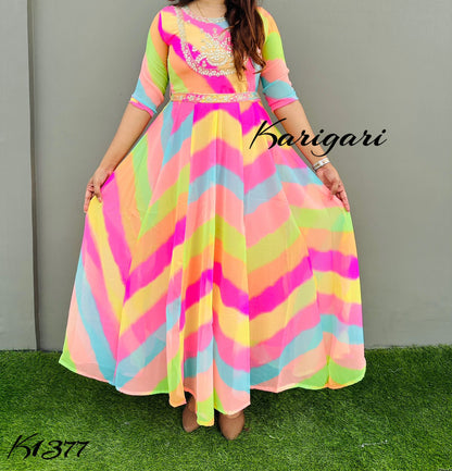 k1377 Premium georgette gown in beautiful vibrant lehriya