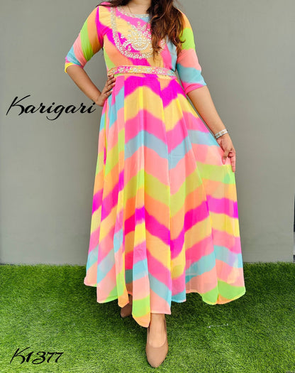 k1377 Premium georgette gown in beautiful vibrant lehriya