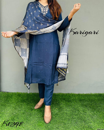 k1398 Premium chanderi silk 3 pc suit set