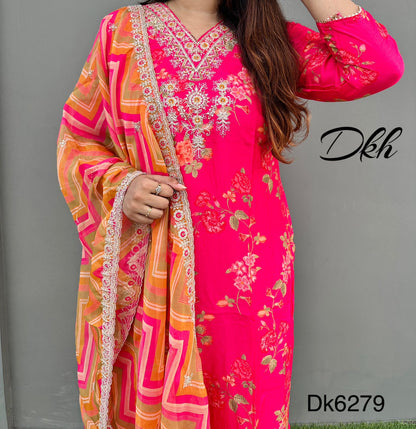 dk6269 Premium pure silk 3 pc suit set with lining inside paired up with pure organza dupatta.