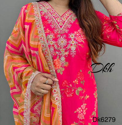 dk6269 Premium pure silk 3 pc suit set with lining inside paired up with pure organza dupatta.