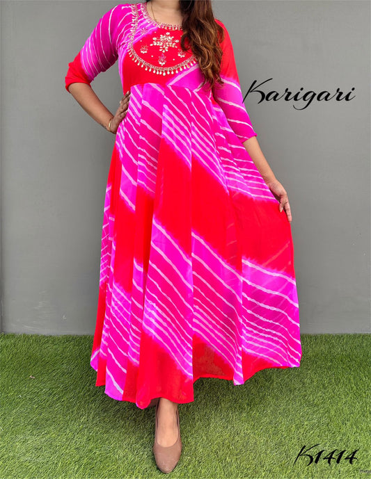 k1414 Premium georgette gown in beautiful vibrant lehriya