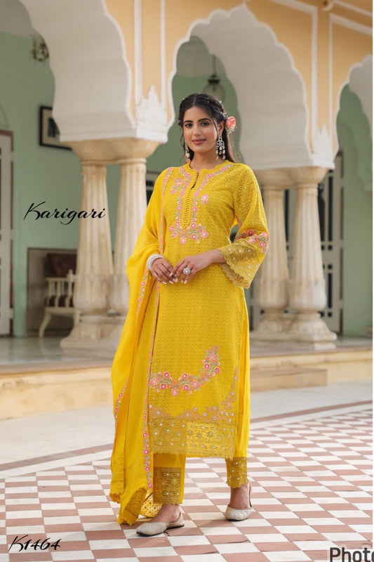 Karigari by DKH K1464  Premium georgette schifli 3 pc suit set